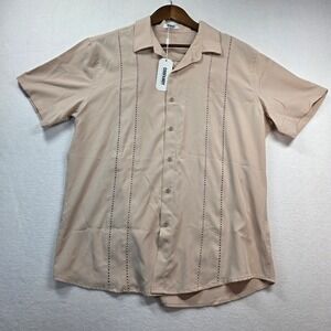 COOFANDY Mens Cuban Camp Collar Guayabera Shirt Tan Beige Short Sleeve L NWT